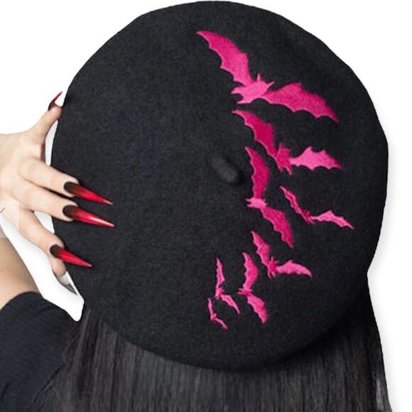 Black Wool Embroidered Pink Bats Batwings Gothic Punk Beret Hat Killstar NEW - Picture 1 of 2
